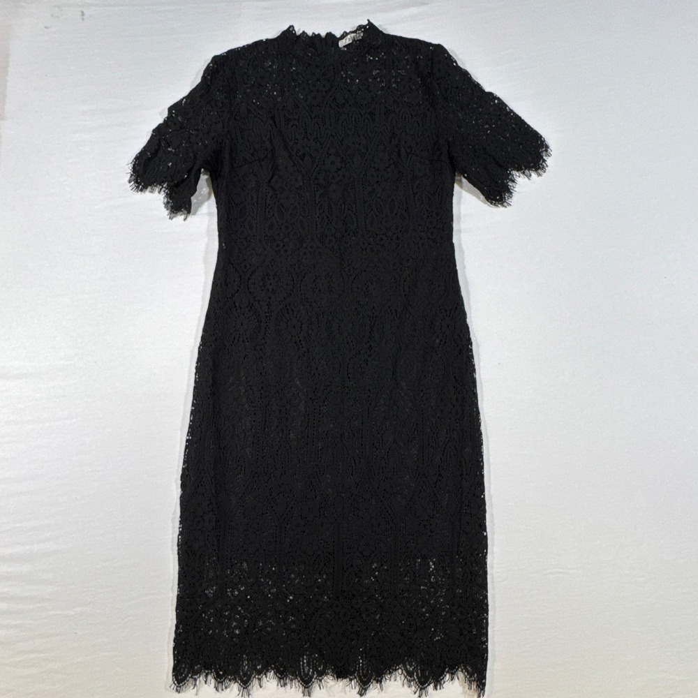 Zalalus Women's 8 Black Floral Lace Fringe Sheath High Neck Knee Dress Zip